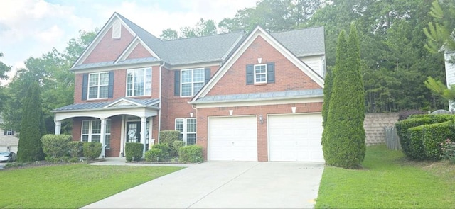 779 Avonley Creek Trce, Sugar Hill, GA 30518 - view of front of house featuring concrete driveway, a garage, a front yard, covered porch, and brick siding