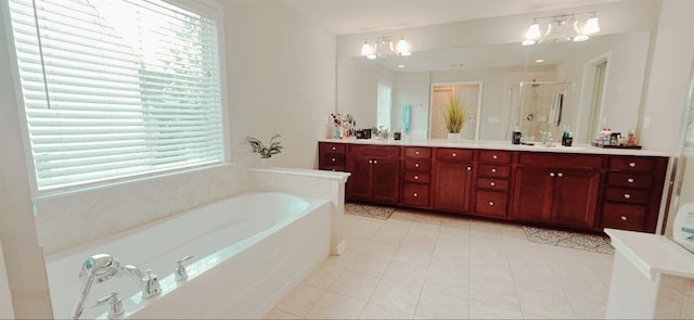 779 Avonley Creek Trce, Sugar Hill, GA 30518 - bathroom featuring double vanity, a shower stall, a bath, and tile patterned floors