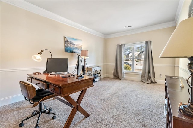 office area featuring ornamental molding, visible vents, carpet floors, and baseboards