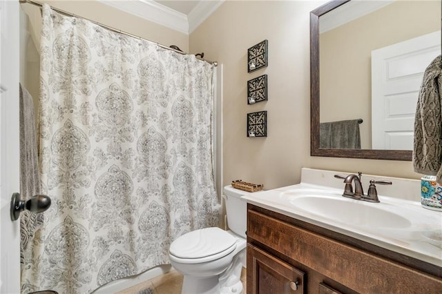 full bath with tile patterned floors, toilet, vanity, and crown molding