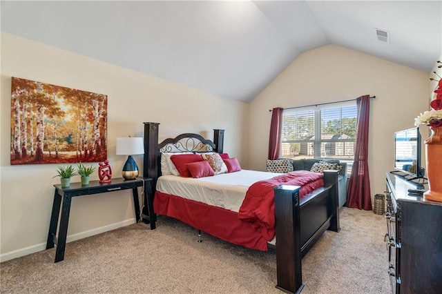 bedroom featuring visible vents, baseboards, vaulted ceiling, and light carpet