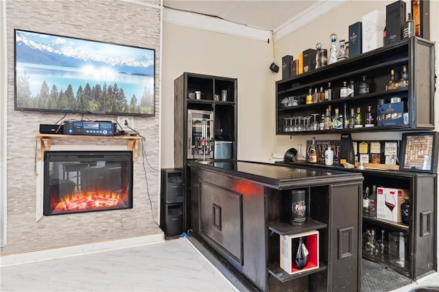 bar with crown molding, marble finish floor, and bar