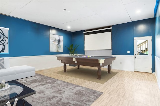 recreation room featuring wood finished floors, baseboards, and pool table