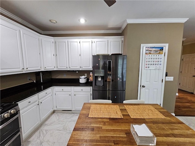 1988 Greensferry Gln, Lawrenceville, GA 30043 - kitchen featuring black refrigerator with ice dispenser, ornamental molding, gas stove, white cabinets, and light marble finish floors