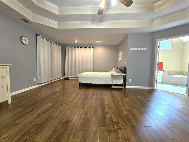 1988 Greensferry Gln, Lawrenceville, GA 30043 - bedroom with a tray ceiling, wood-type flooring, crown molding, baseboards, and ceiling fan
