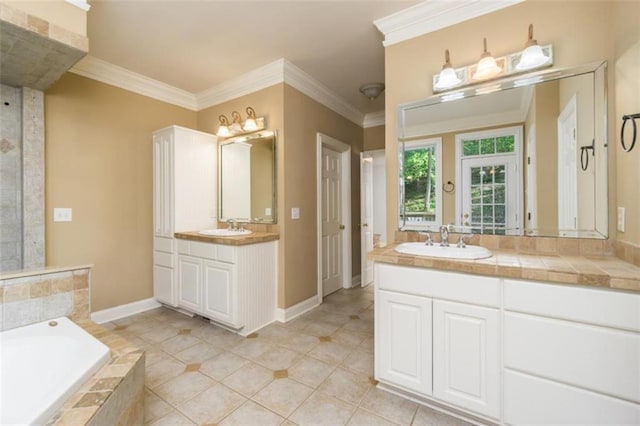 full bathroom with a bath, two vanities, ornamental molding, and baseboards