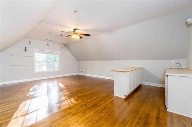 additional living space with wood finished floors, a ceiling fan, lofted ceiling, a sink, and baseboards