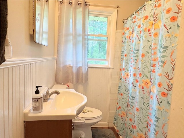 5167 Hiram Lithia Springs Rd, Powder Springs, GA 30127 - full bath featuring toilet, a shower with shower curtain, vanity, and wainscoting