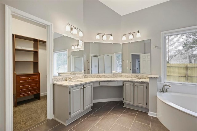 bathroom featuring double vanity, plenty of natural light, a sink, and a shower stall