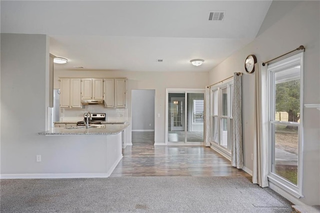 kitchen featuring baseboards, visible vents, a peninsula, under cabinet range hood, and a sink