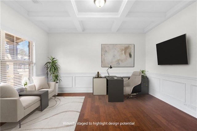 office space with coffered ceiling, dark wood-type flooring, and beamed ceiling