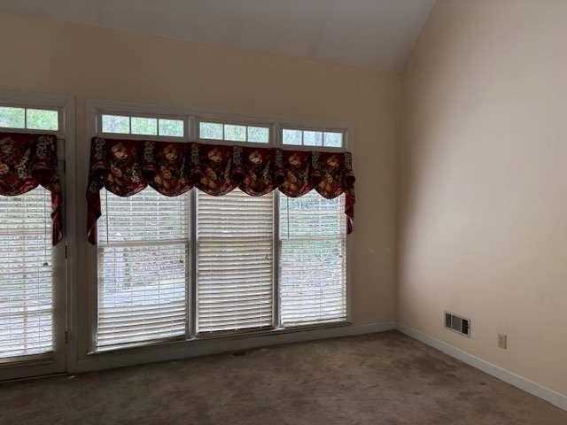 carpeted empty room with visible vents, baseboards, and lofted ceiling