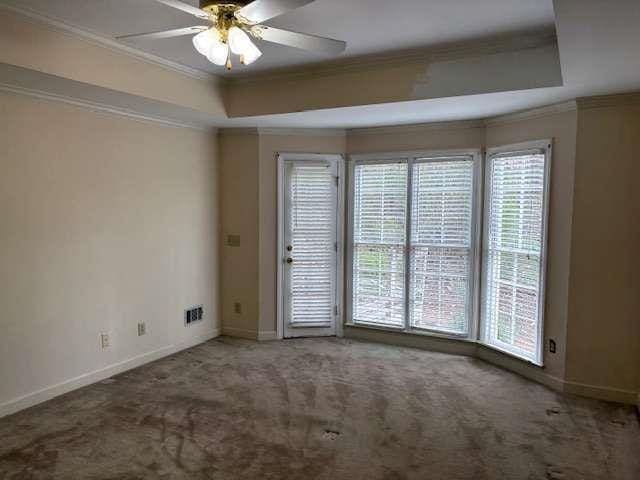 empty room featuring a raised ceiling, crown molding, carpet floors, and ceiling fan