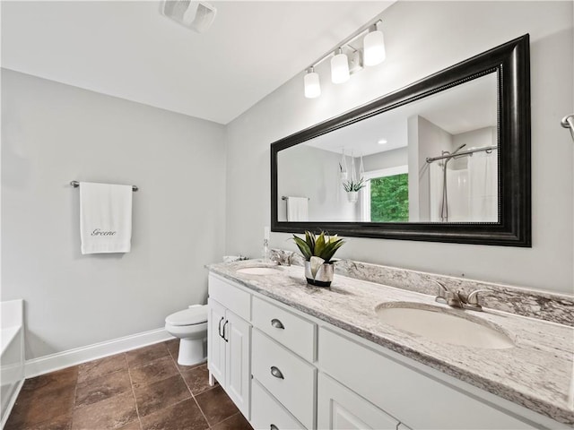 full bathroom featuring toilet, vanity, and separate shower and tub