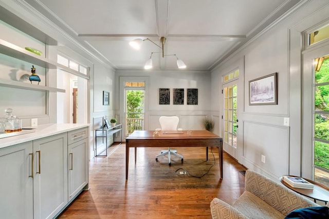 3925 Sheldon Dr NE, Atlanta, GA 30342 - office featuring a decorative wall, healthy amount of natural light, ornamental molding, wood finished floors, and wainscoting