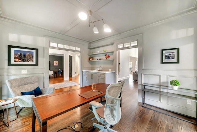 3925 Sheldon Dr NE, Atlanta, GA 30342 - home office with ornamental molding, a decorative wall, and wood finished floors