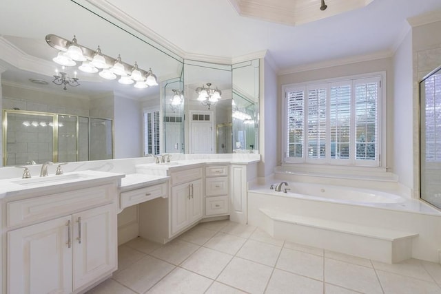 bathroom with vanity, crown molding, tile patterned flooring, shower with separate bathtub, and a chandelier