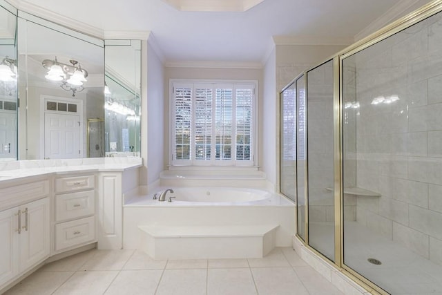 bathroom with tile patterned flooring, shower with separate bathtub, vanity, and crown molding