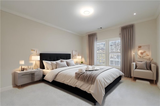 bedroom featuring carpet flooring and ornamental molding