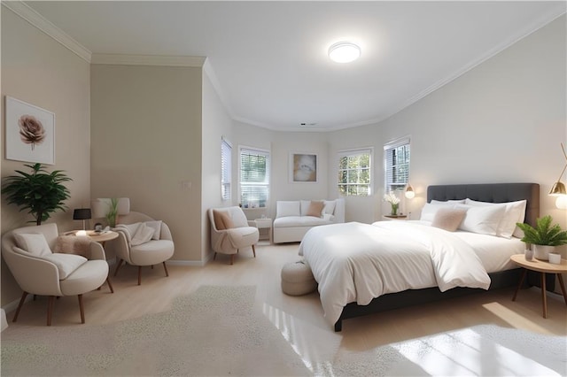 carpeted bedroom with crown molding