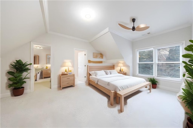 bedroom featuring carpet flooring, ceiling fan, lofted ceiling, and crown molding