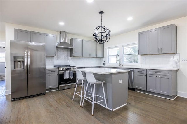 kitchen featuring wall chimney exhaust hood, appliances with stainless steel finishes, dark wood finished floors, and gray cabinetry