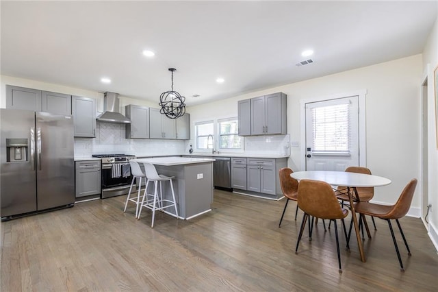 kitchen with stainless steel appliances, gray cabinets, visible vents, and wall chimney range hood