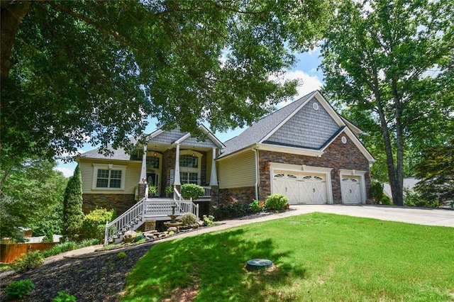 4742 Thunder River Dr, Gainesville, GA 30506 - craftsman-style home with stone siding, covered porch, driveway, a garage, and stairs