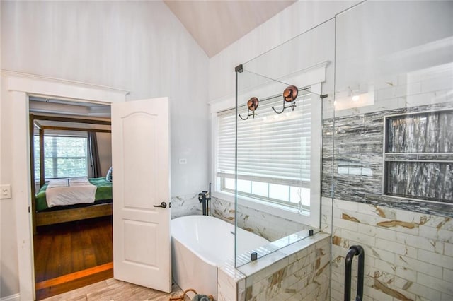 4742 Thunder River Dr, Gainesville, GA 30506 - ensuite bathroom with healthy amount of natural light, a soaking tub, vaulted ceiling, and a tile shower
