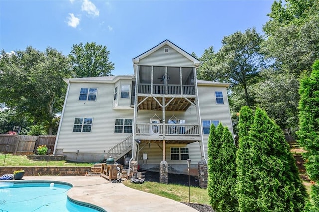 4742 Thunder River Dr, Gainesville, GA 30506 - rear view of house with stairway, a patio area, a wooden deck, and a sunroom