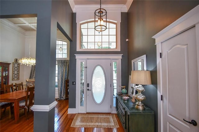 4742 Thunder River Dr, Gainesville, GA 30506 - foyer entrance with a chandelier, hardwood / wood-style floors, a high ceiling, plenty of natural light, and ornamental molding