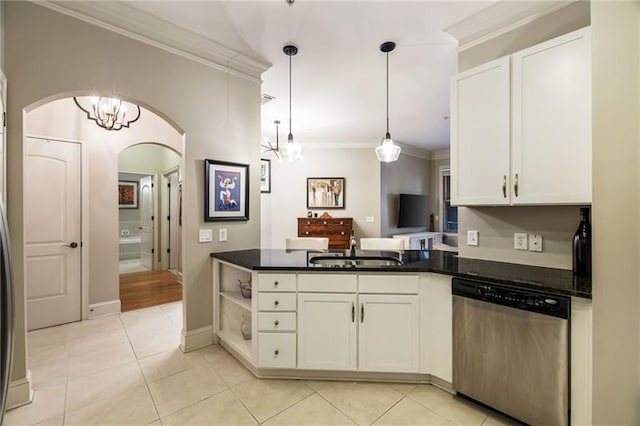 kitchen featuring sink, pendant lighting, light tile patterned floors, dishwasher, and white cabinetry