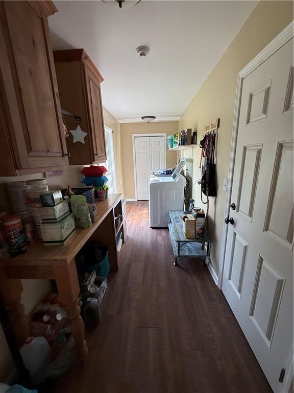 222 Akin Rd, Martin, GA 30557 - hallway with dark wood-type flooring, washer / dryer, and baseboards
