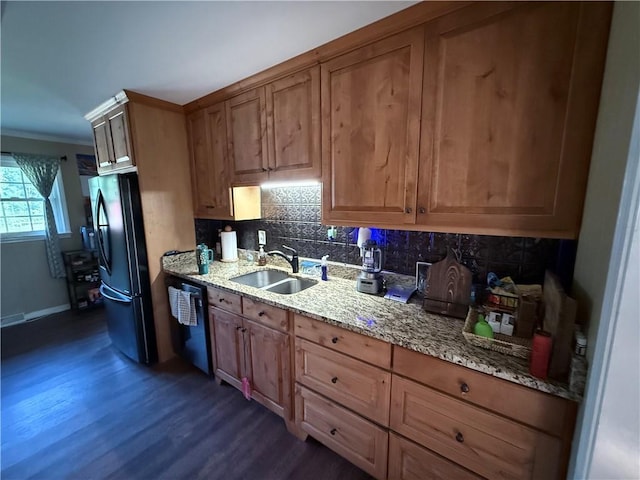222 Akin Rd, Martin, GA 30557 - kitchen featuring freestanding refrigerator, a sink, dishwasher, dark wood finished floors, and crown molding