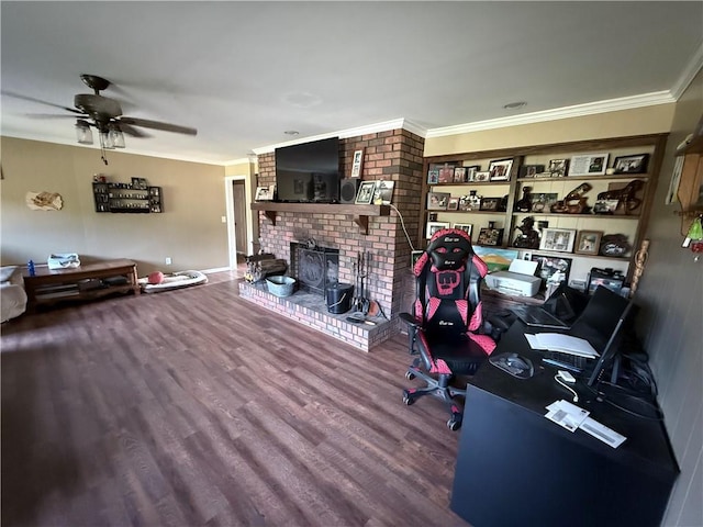 222 Akin Rd, Martin, GA 30557 - home office with ceiling fan, wood finished floors, a brick fireplace, ornamental molding, and baseboards