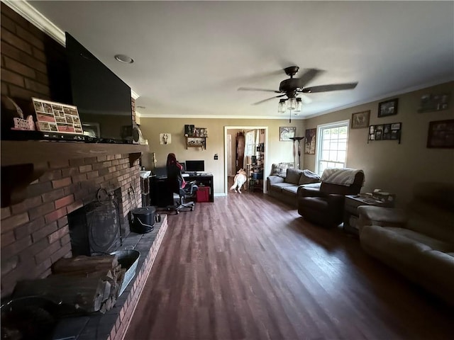222 Akin Rd, Martin, GA 30557 - living area with ceiling fan, wood finished floors, crown molding, and an office area