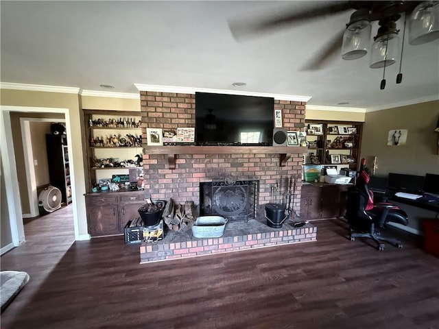 222 Akin Rd, Martin, GA 30557 - living area with wood finished floors, crown molding, a desk, a brick fireplace, and ceiling fan