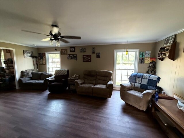 222 Akin Rd, Martin, GA 30557 - living area with healthy amount of natural light, ornamental molding, wood finished floors, and a ceiling fan