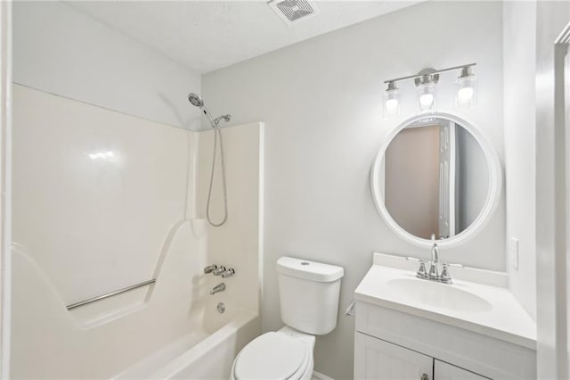 full bathroom featuring bathtub / shower combination, visible vents, toilet, vanity, and a textured ceiling