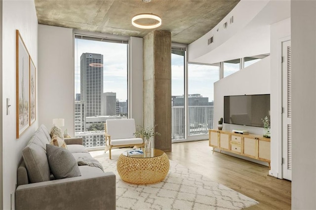 living area with a wall of windows and wood finished floors