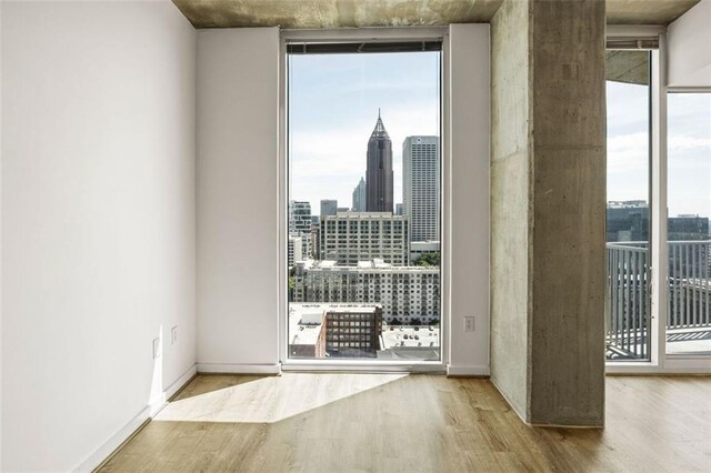 empty room featuring floor to ceiling windows, wood finished floors, a skyline view, and baseboards