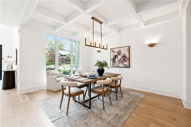 dining space featuring hardwood / wood-style floors, beam ceiling, and coffered ceiling