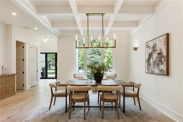 dining space featuring beam ceiling, light hardwood / wood-style flooring, and coffered ceiling