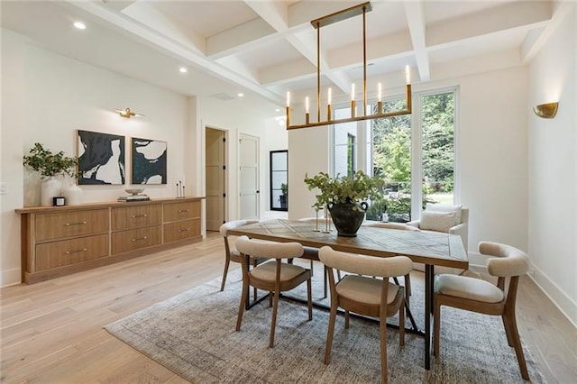 dining space featuring beamed ceiling, an inviting chandelier, light wood-type flooring, and coffered ceiling