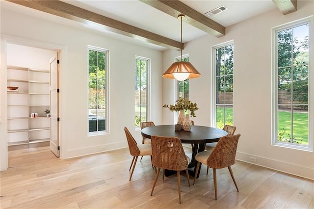 dining space featuring beam ceiling and light wood-type flooring