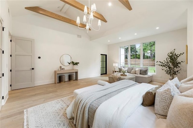 bedroom featuring beamed ceiling, light wood-type flooring, high vaulted ceiling, and a notable chandelier