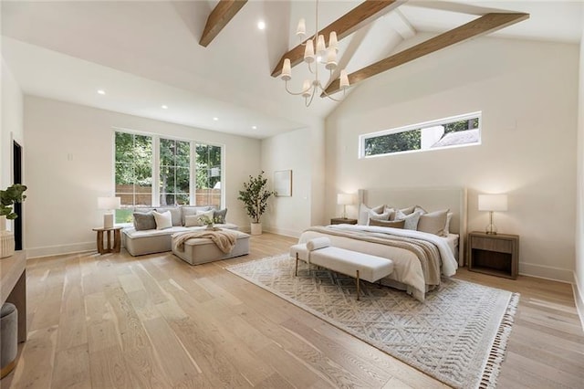 bedroom with light hardwood / wood-style flooring, high vaulted ceiling, beamed ceiling, and an inviting chandelier