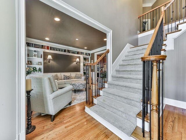 535 Crested Hawk Rdg, Canton, GA 30114 - stairway with recessed lighting, wood finished floors, and crown molding