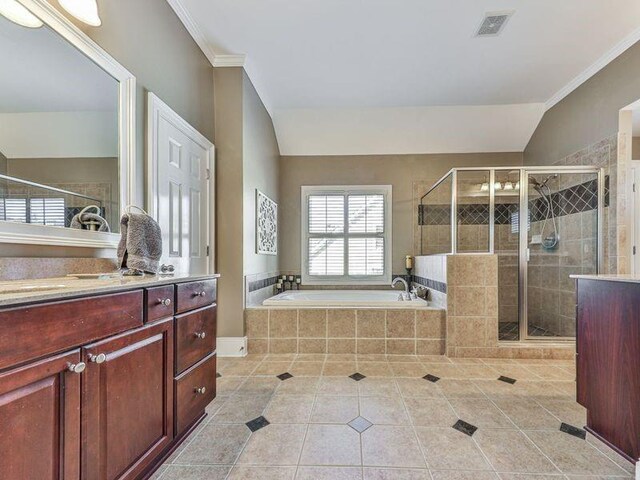 535 Crested Hawk Rdg, Canton, GA 30114 - bathroom featuring a shower stall, tile patterned floors, vanity, crown molding, and a garden tub