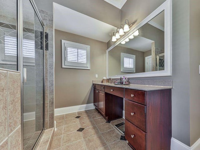 535 Crested Hawk Rdg, Canton, GA 30114 - full bath with baseboards, vanity, tile patterned floors, and a stall shower